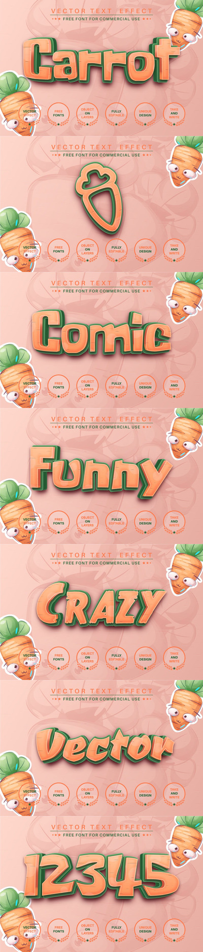 时尚清新可爱的矢量AI格式3D立体字胡萝卜字体设计图层样式-AI,EPS