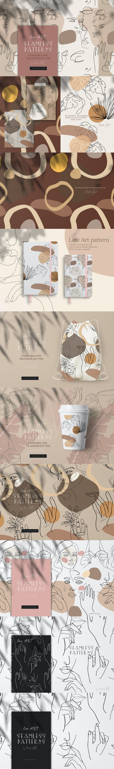 时尚高端简约清新优雅多用途的矢量艺术线条无缝背景底纹纹理集合-EPS,PNG