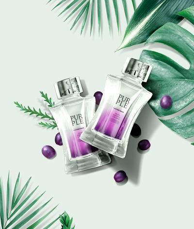 热带紫色古龙香水化妆品广告海报设计模板 (psd)