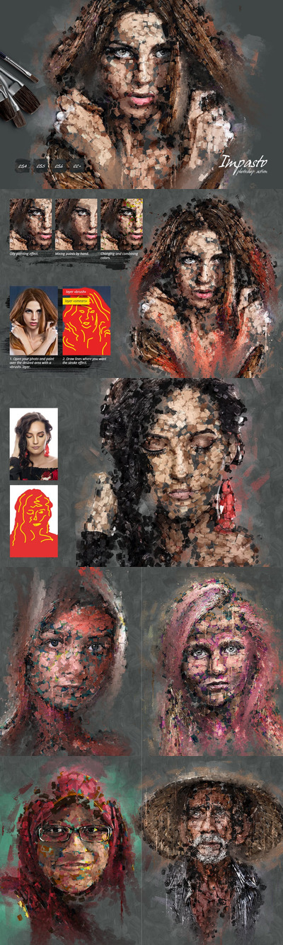 高端时尚逼真质感的手绘水粉油画颜料笔触质感photoshop动作预设