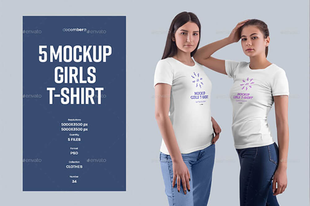 女孩T恤服装设计样机模板 (psd)