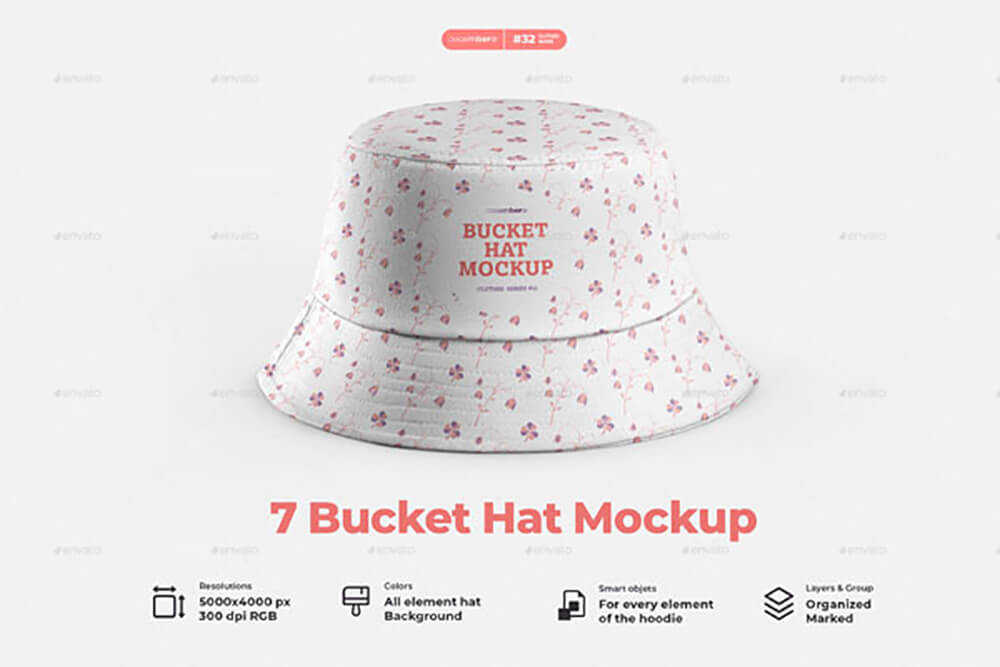 7个桶帽图案设计样机模板 (psd)