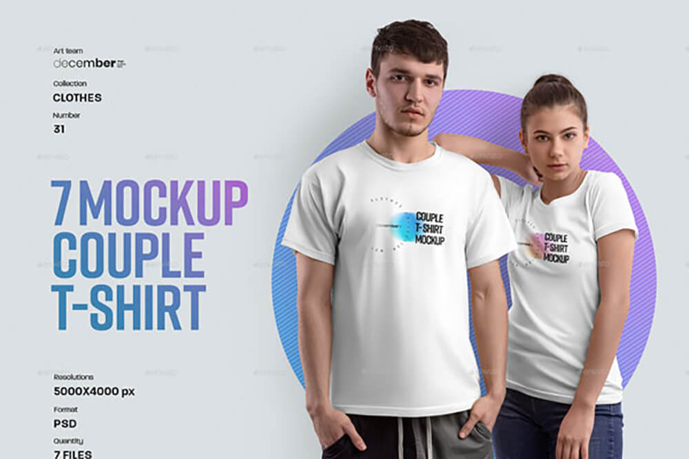 7个情侣T恤服装品牌设计样机模板 (psd)