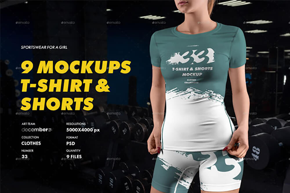 9款健身运动T恤和短裤服装品牌设计样机 (psd)