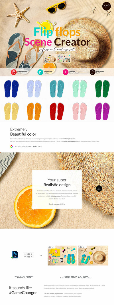 沙滩元素场景人字拖图案设计样机 (psd)