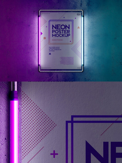 500x700金属框架霓虹灯海报模型 (PSD)