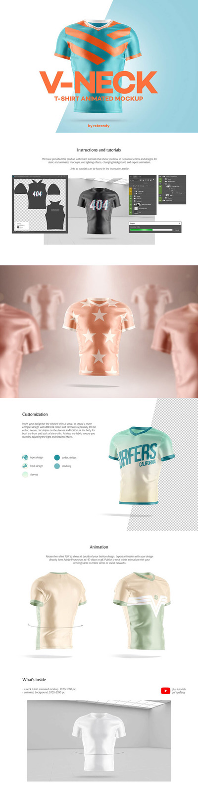 V领T恤动画服装展示样机 (psd)