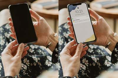 女士手持手机屏幕模型(PSD)