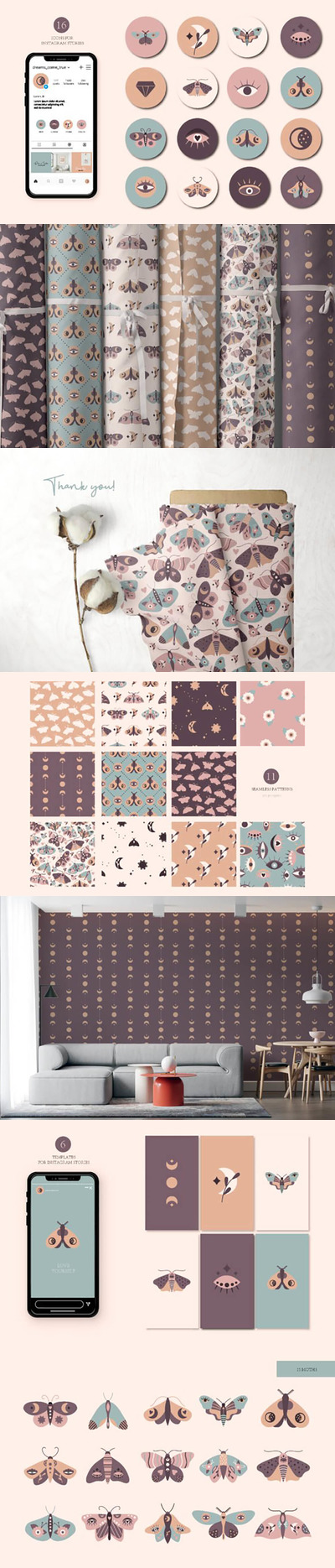 波西米亚风格的飞蛾剪贴画和图案素材 (eps,jpg,png)