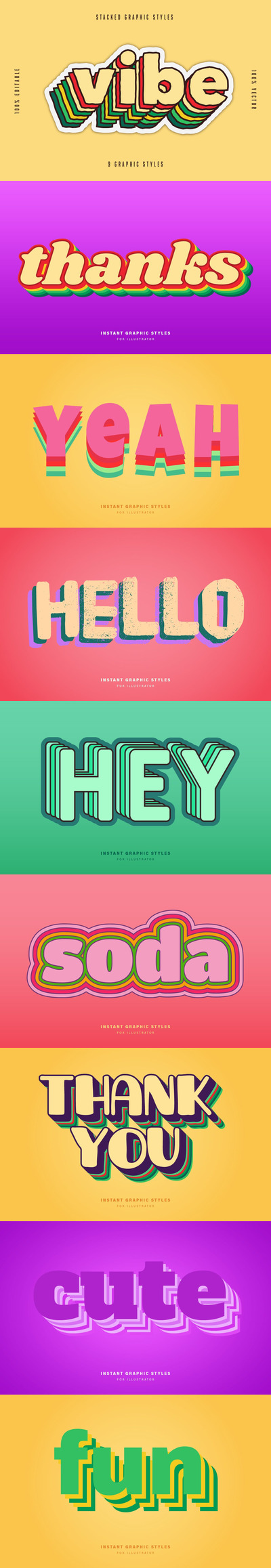 时尚高端清新可爱的高品质条纹立体字图层样式集合-AI