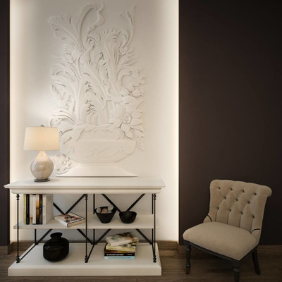 茶几沙发椅和盆景图案背景墙3D模型（OBJ,FBX,MAX）