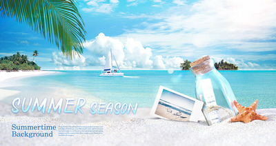 蓝色海洋沙滩夏季背景Banner设计模板 (psd)