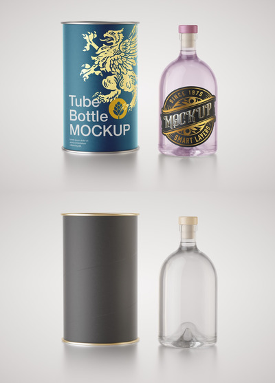 透明酒瓶与包装管模型 (PSD)