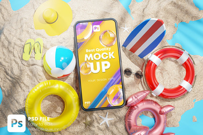 夏季海滩暑假假期感觉的手机样机 (PSD)