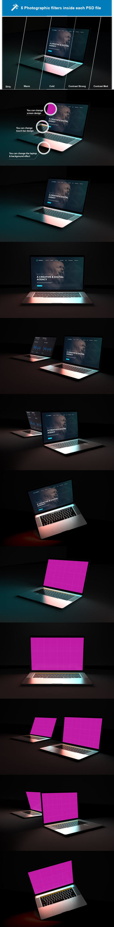 深色背景的Macbook电脑样机 (PSD)