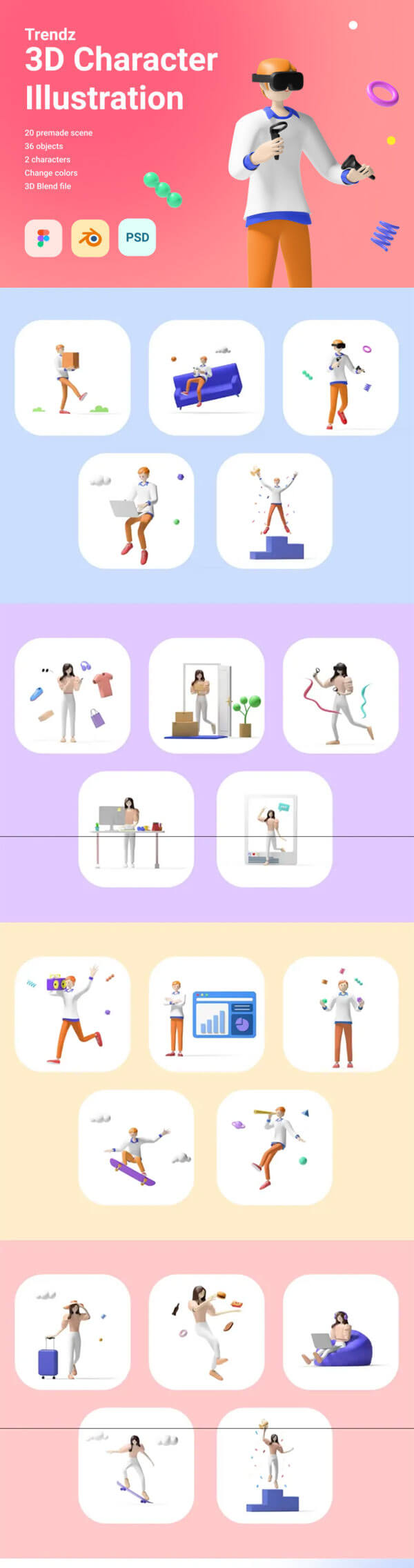 时尚的UI广告设计3D卡通角色与常见模型套装下载（Blend,OBJ）