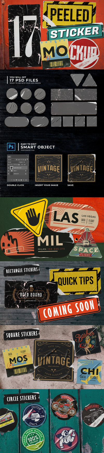 皱纹破旧的复古贴纸样机 (psd)