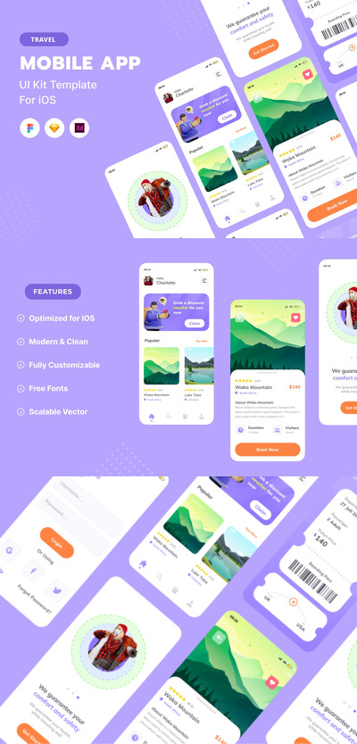 旅行& 目的地界面模板 (FIG,SKETCH,XD)