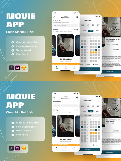 电影应用移动UI工具包(FIG,SKETCH,XD)