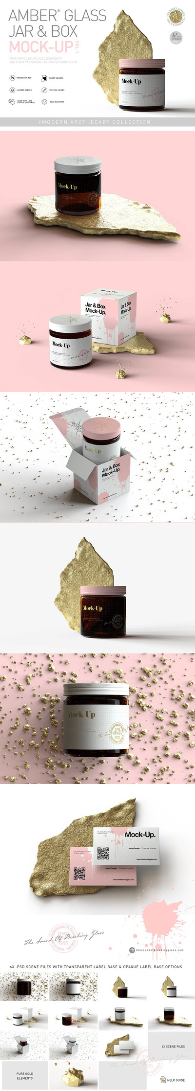 纯金元素场景琥珀色玻璃罐和盒子样机 (psd)