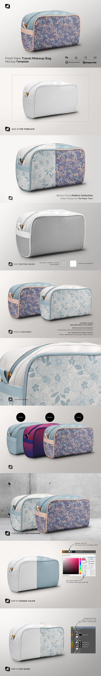 前视图旅行化妆包/袋样机 (psd)