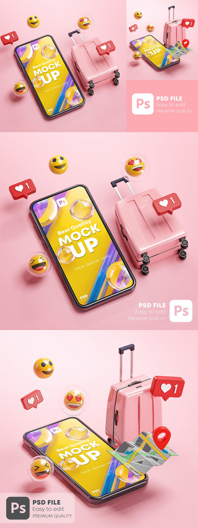高品质的粉色手提箱手机APP UI样机展示模型mockups