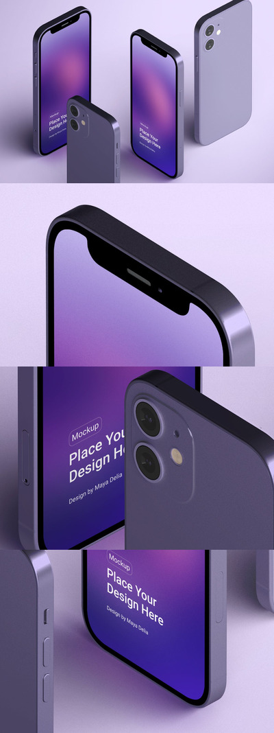 紫色iPhone 12等距手机模型(PSD)