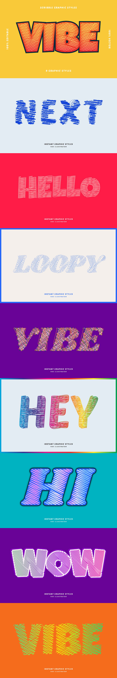 时尚高端多用途的多彩粉笔涂鸦风格illustrator矢量文字图层样式大集合-AI