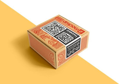 带贴纸标签的包装纸箱设计样机[psd]