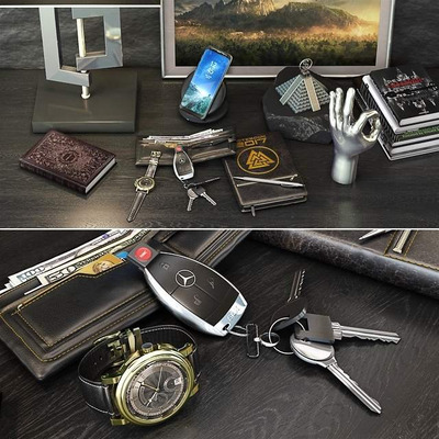 绅士风格元素(手表、车钥匙、手机)场景3D模型下载 (MAX,FBX,OBJ,TEX)