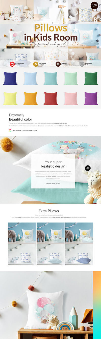 儿童房间场景枕头图案设计样机[1.19GB,PSD]