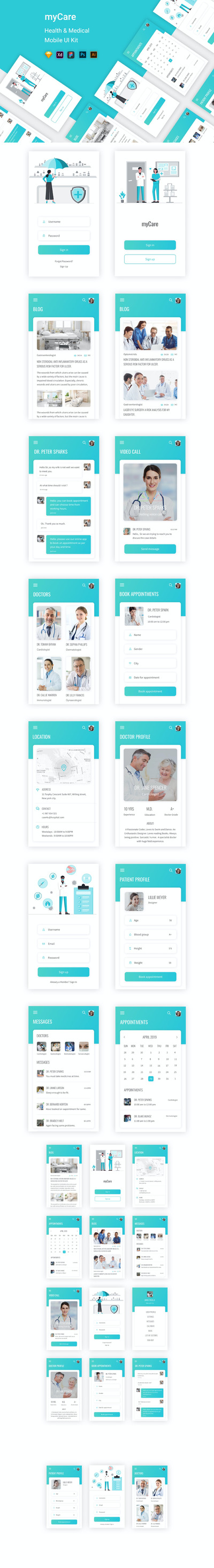 健康医疗相关功能的APP UI (AI,FIG,PSD,SKETCH,XD)
