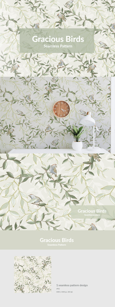 时尚高端专业清新优雅的鸟树叶植物无缝背景底纹纹理