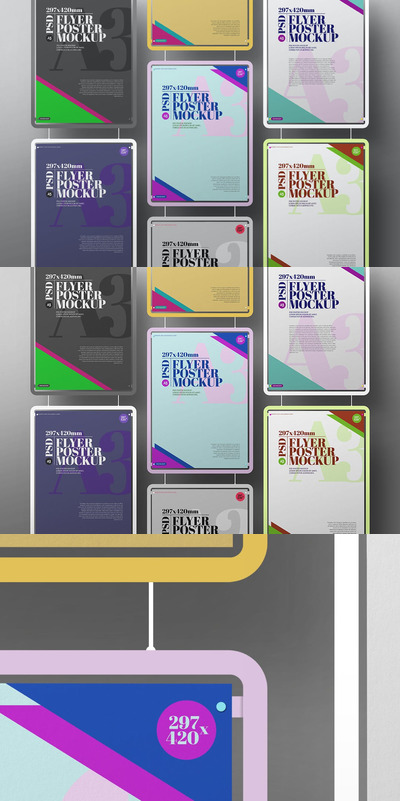 悬挂模型A3海报最小颜色框架套件样机 (PSD)