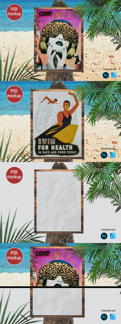 伍兹海滩海报模型样机 (PSD,JPG)