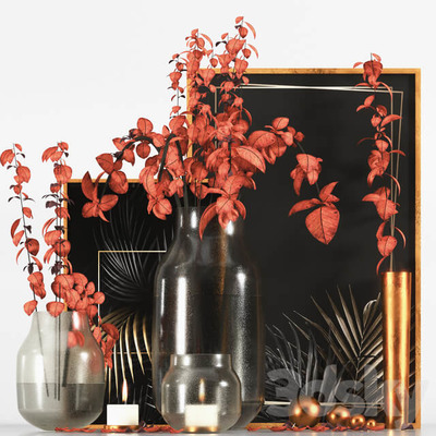 玻璃瓶中的红叶枝条和周围装饰组合3D模型（OBJ,FBX,MAX）