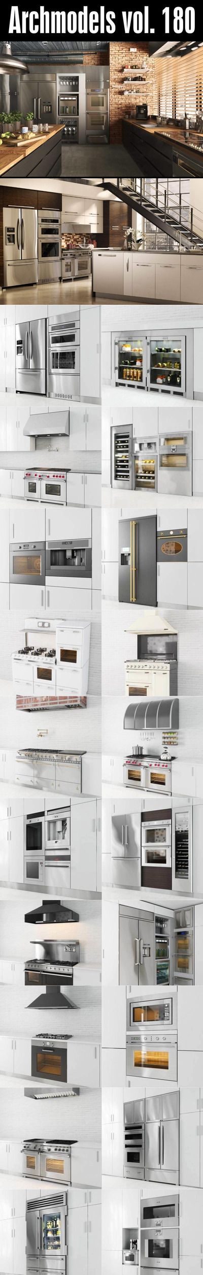 橱柜&厨房电器冰箱洗碗机消毒柜等组合场景3D模型下载 (MAX)