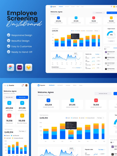 员工筛查HR 后台仪表盘 UI Kit 模版 (FIG,PNG,PDF,SKETCH,XD)