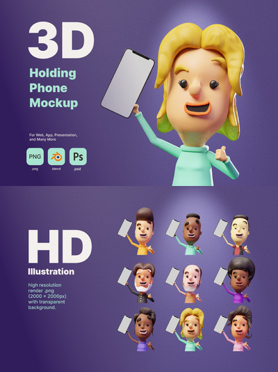 3D动画男性手持手机样机 (PSD,PNG)