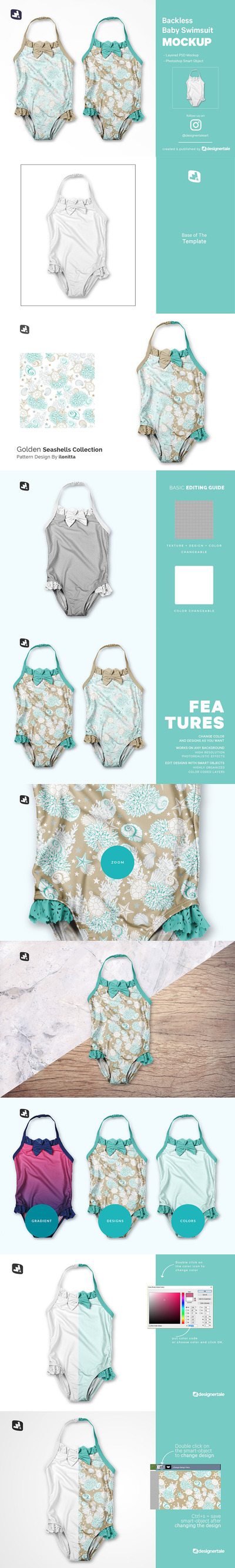 露背婴儿泳装服装样机 (psd)