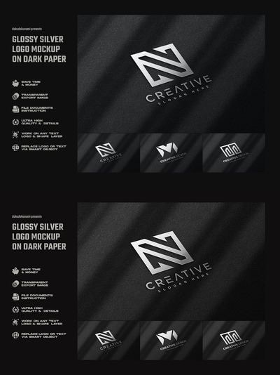 深色纸张上的光滑银色logo设计展示样机 (PSD)