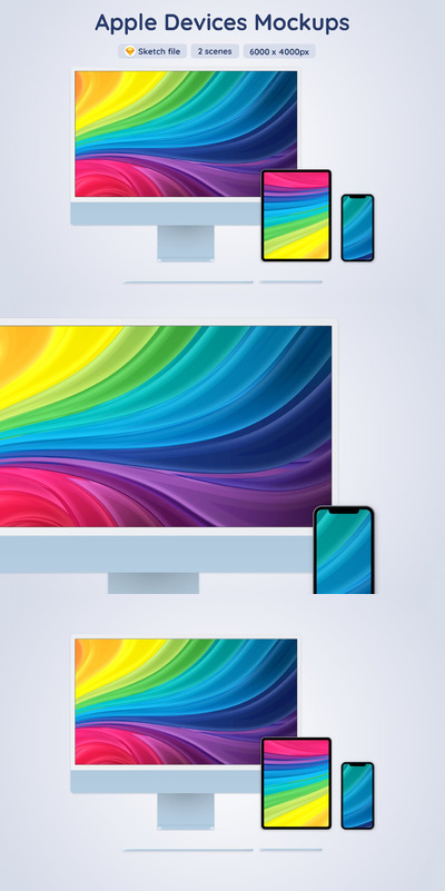 Apple iMac, iPad and iPhone 手机电脑平板响应式样机组合下载 (SKETCH)