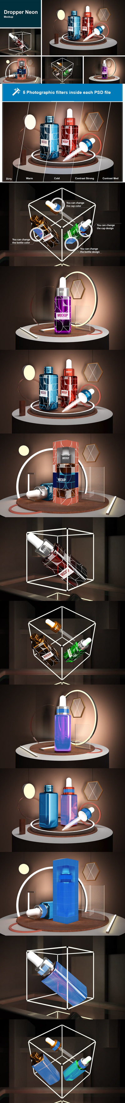 时尚场景的滴灌瓶子护肤品包装设计样机 (PSD)