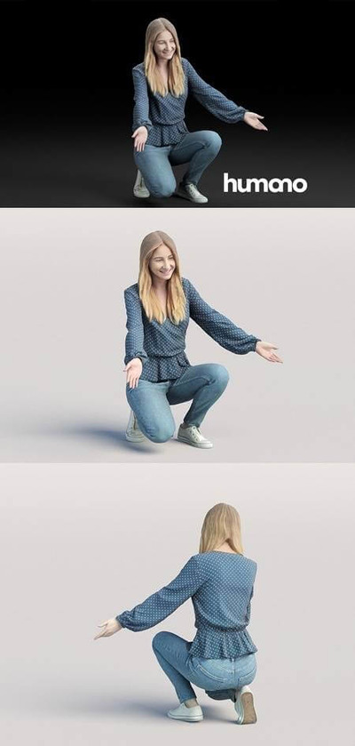 穿着蓝色衬衫蹲着做欢迎姿势的女人3D模型（OBJ,FBX,MAX）
