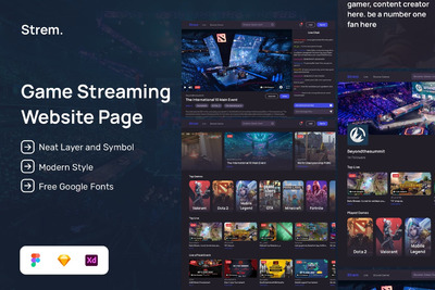 实时游戏流媒体网站用户界面套件网页模板 (FIG,SKETCH,XD)