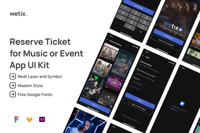 活动和音乐会门票预订应用程序UI套件 (FIG,SKETCH,XD)