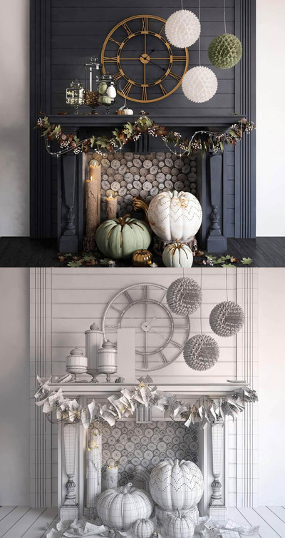 秋季欧美风格壁炉装饰设计3D场景模型下载 (FBX,OBJ,MAX)