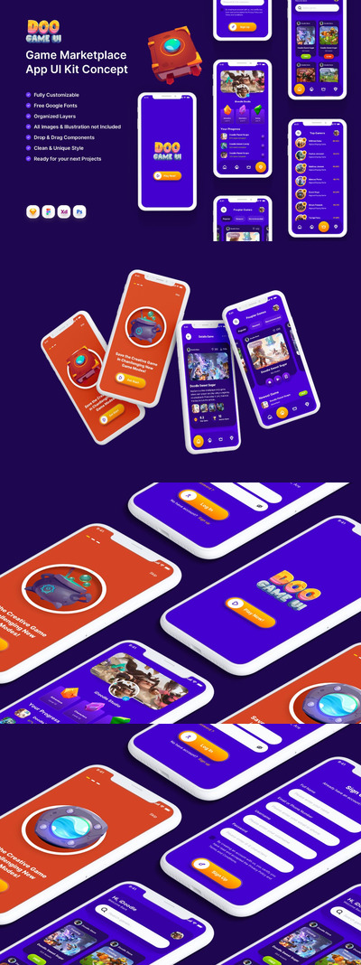 游戏UI套件移动应用程序概念 APP UI KITS (SKETCH,XD,FIG,PSD)