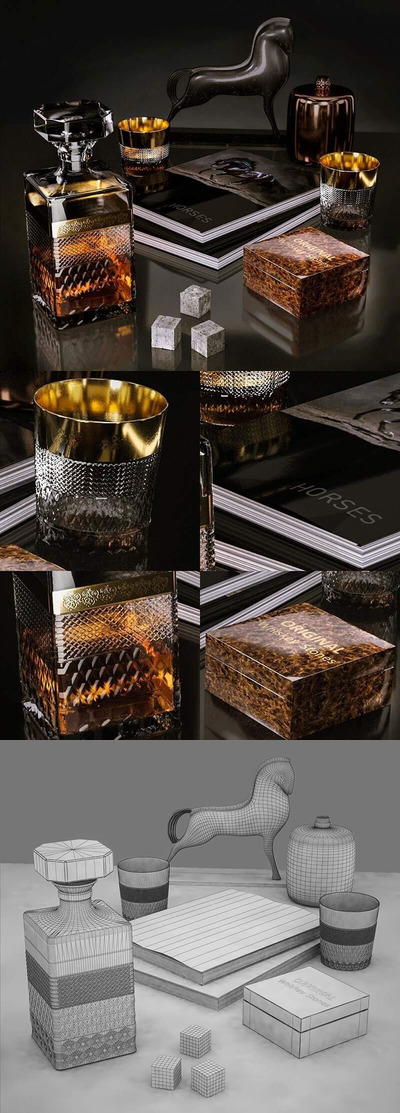 威士忌高端酒装饰场景3D模型下载 (MAX,FBX,OBJ,TEX)