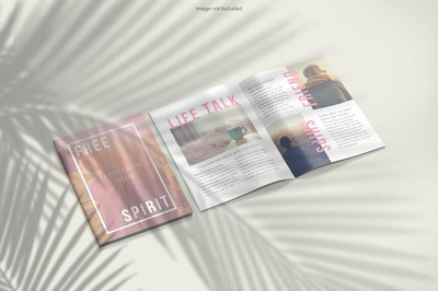 树叶阴影杂志封面&内页排版设计样机模板 [psd]